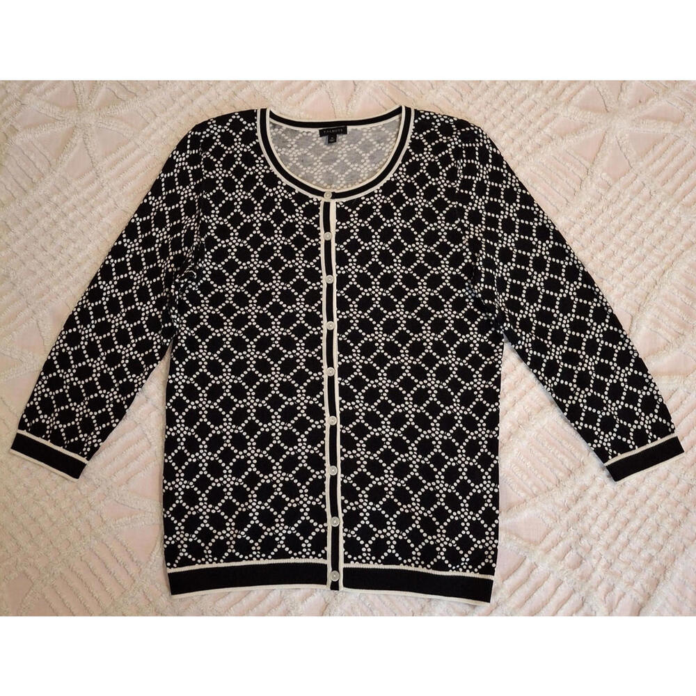 Talbots Womens Medium Cardigan Black White Geometric Dotted Lattice Sweater